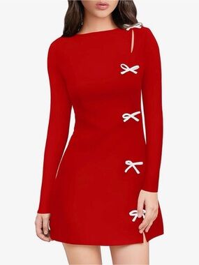 A201 XXTAXN Boat Neck long Sleeve Elegant Y2k A Line Bows on Mini Red Dress NEW